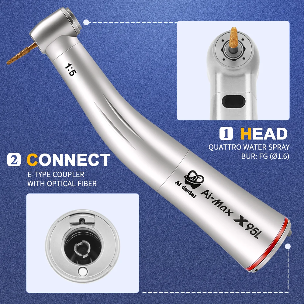 Dental 1:5 Increasing Contra Angle Low Speed Handpiece With Optic Fiber E-type Air Motor Quattro Water Spray Push AI-X95L