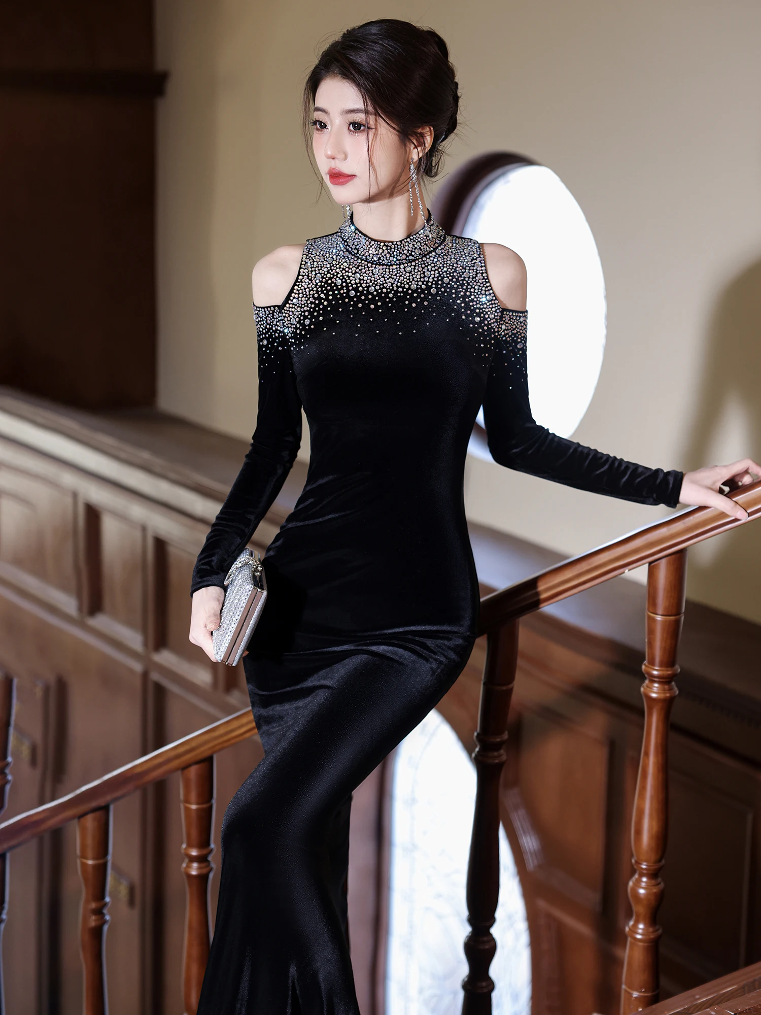 

Ele Bla Velvet Long Sve Evening Gown Women's Faionable Luxury Tailored for Annual Cany Dinner Par Host