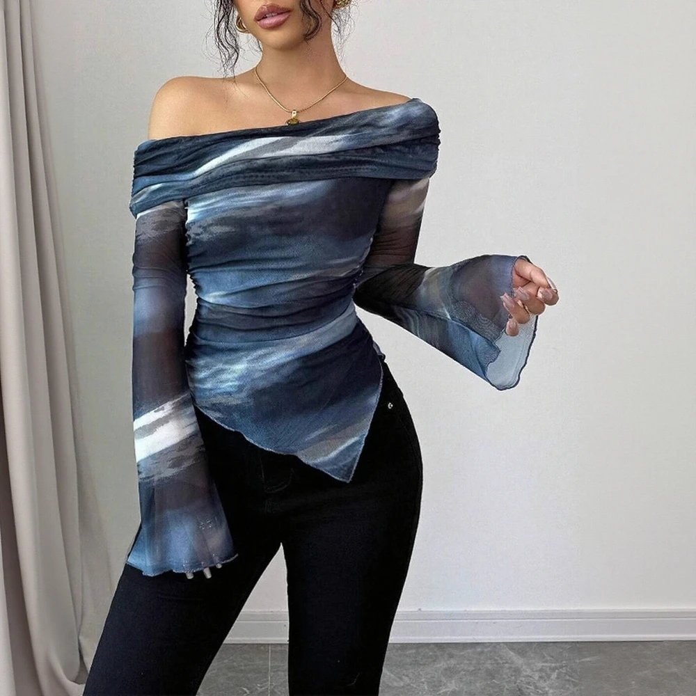 

Women's T-Shirts Autumn Winter French Fashion 2025 Chic Stylish Tie-dye Long Sleeve Off Shoulder Casual T-Shirts