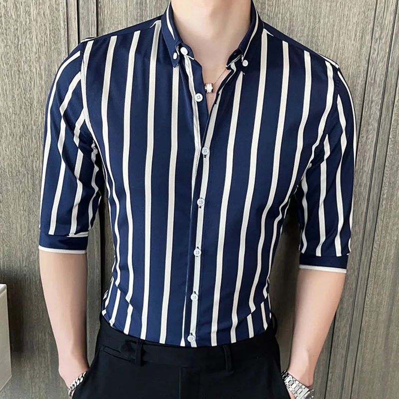 

Summer New Slim Fit 3/4 Sleeve Men Striped Shirt Korean Fashion Button Up Harajuku Blouse