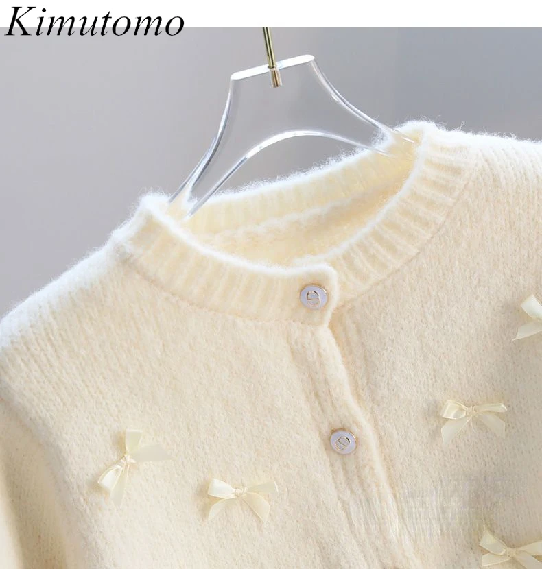 Kimutomo Sweet Three Dimensional Satin Bows Knitted Cardigan Small Fresh Solid Pink Cardigans French Style Loose Sweaters