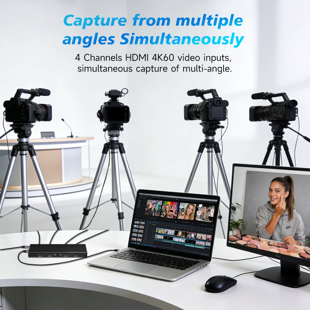 4 Channels 4K60 HDMI Capture Card 4 in 1 out UVC USB Video Capture Card with HDMI Loopout for Gaming And Streaming