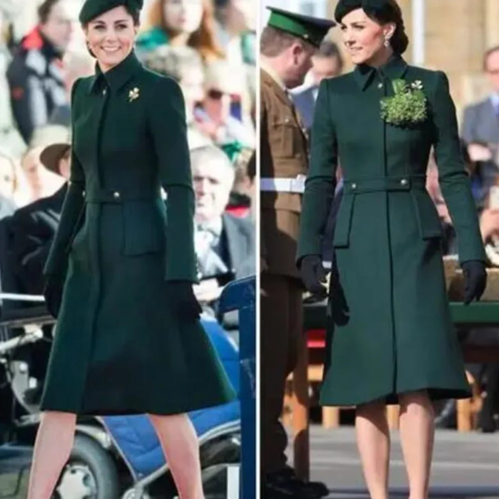 

Princess Kate Middleton Coat Dress Clothes Autumn Winter Long Sleeve Green Long Trench Coat Women Office Lady Vintage Dresses