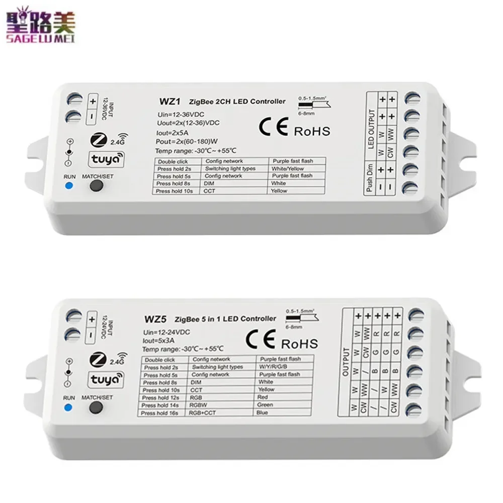 ZigBee Tuya WZ1 2CH*5A Wireless RF Dimmer WZ5 5CH*3A 5 in1 LED Controller DC12-24V 36V for Single Color RGB RGBW RGBCCT Led Lamp