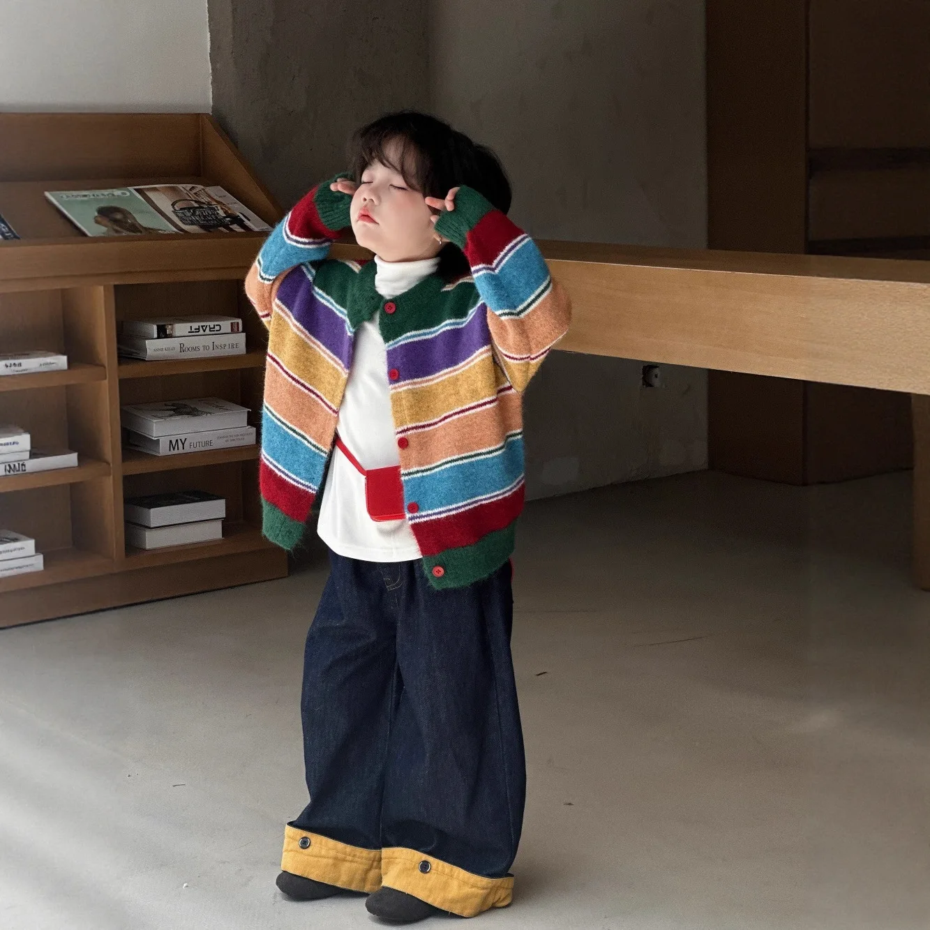 

Children Knitted Sweater 2025 Autumn Korean Retro Rainbow Baby Boy's Cardigan Coat Striped Knit Lazy Sweater