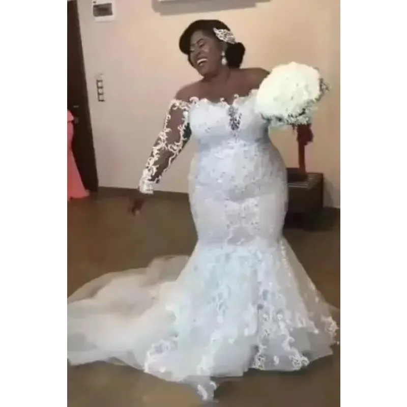 Suknie ślubne syreny plus size na zamówienie, z odkrytymi ramionami, przezroczystymi długimi rękawami, tiulowe suknie ślubne z trenem zamiatającym, vestidos ślubne