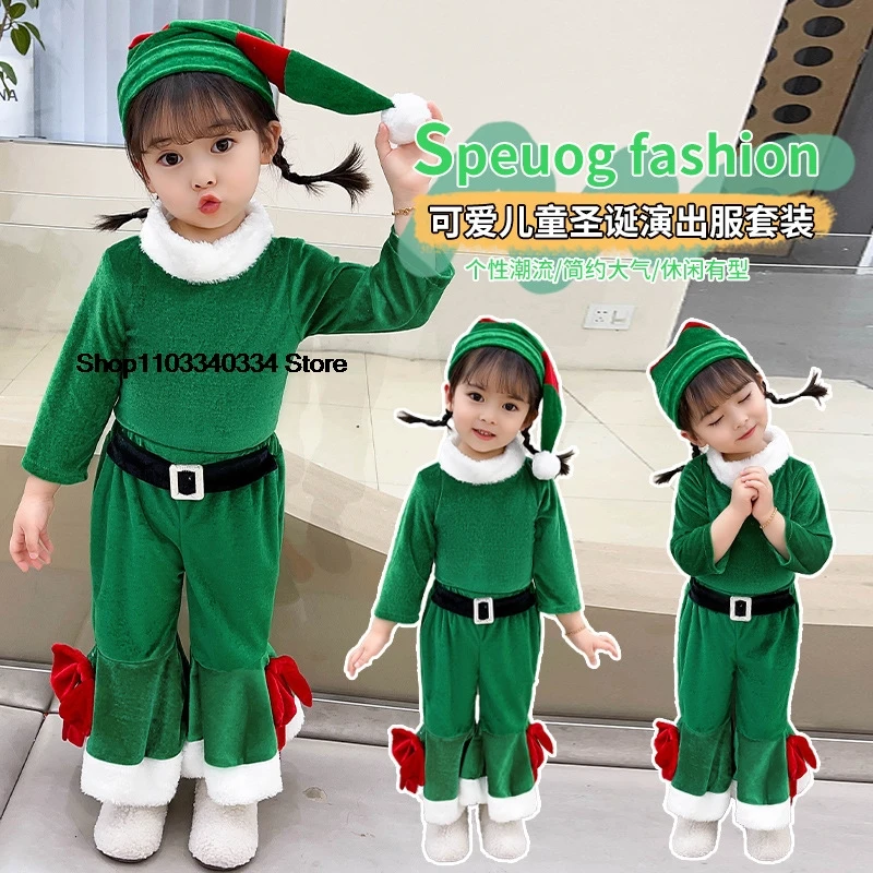 Kinder Weihnachten Hosen Grün Set für Mädchen 3PCS Hut + Top + Hosen Weihnachten Elf Kostüm Neujahr familie Party Rolle Spielen Outfit Performanc