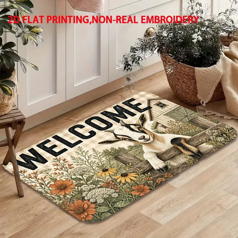 VIKAMA Farmhouse Welcome Doormat Goat on Fence Sunflower Buffalo Plaid Non Slip Front Porch Mat Winter Holiday Decor Rug Decor