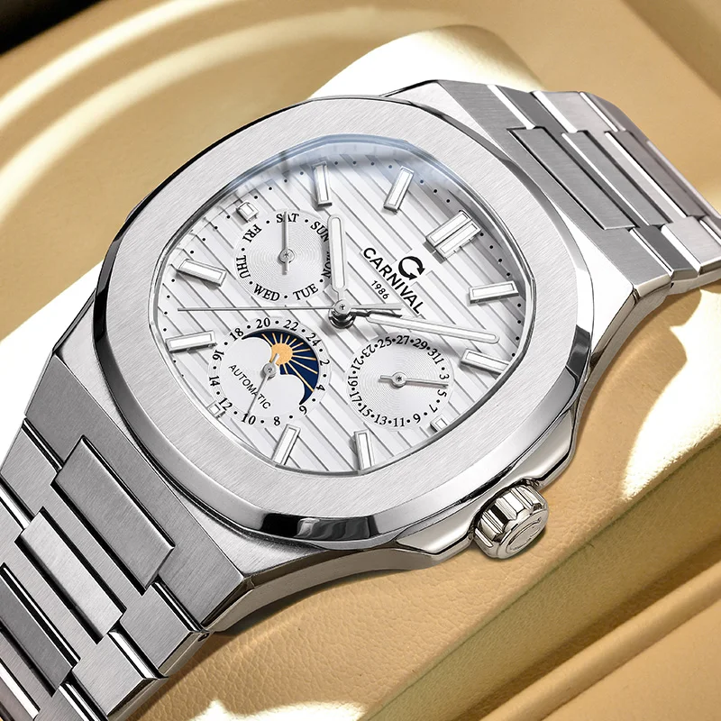 Carnival MIYOTA Automatic Watch for Men Mechanical High-end Multifunction Nautilus Luxury Brand Watches Moonphase Reloj Hombre
