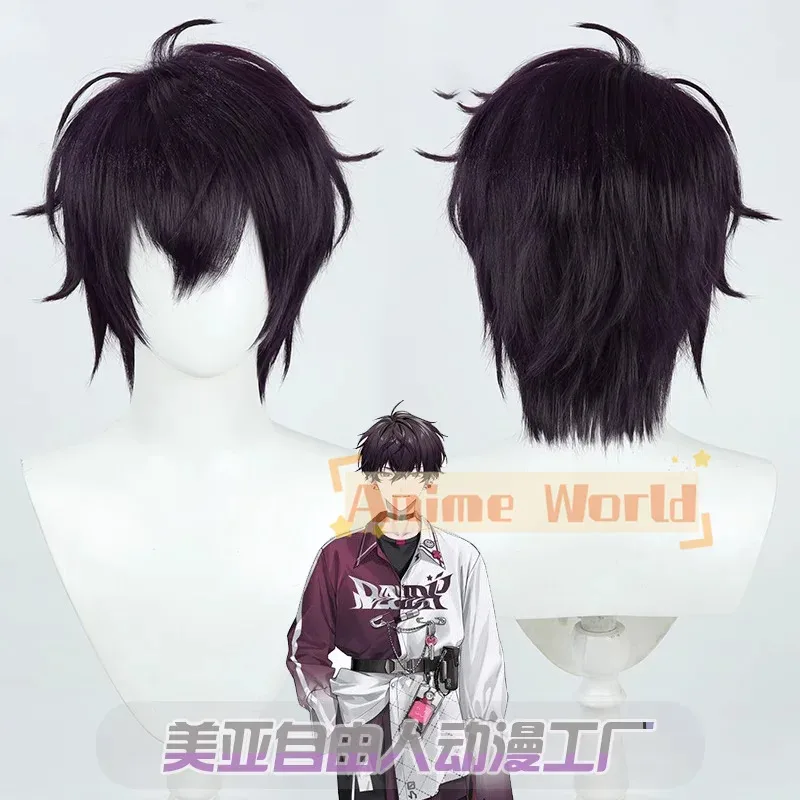 2025 11 Nijisanji Vtuber Saiki Ittetsu Cosplay Wig Short Dark Purple Heat Resistant Synthetic Hair Halloween Role Play + Free Wi