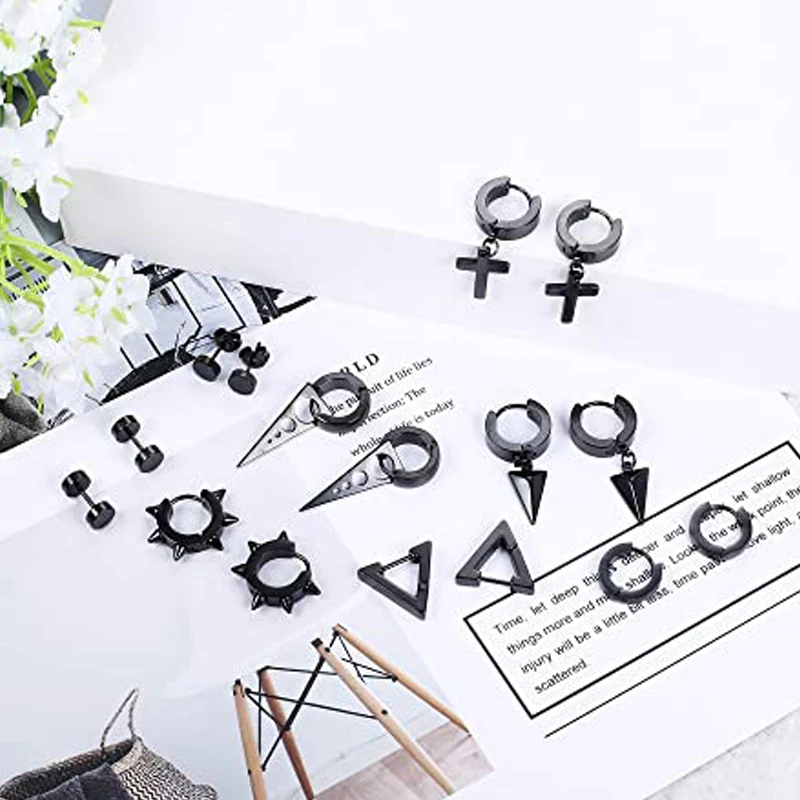 WKOUD 8 Pairs Stainless Steel Punk Stud Earrings For Men Women Popular Triangle Cross Rivet Earrings Hinged Pendant Ring Pierce