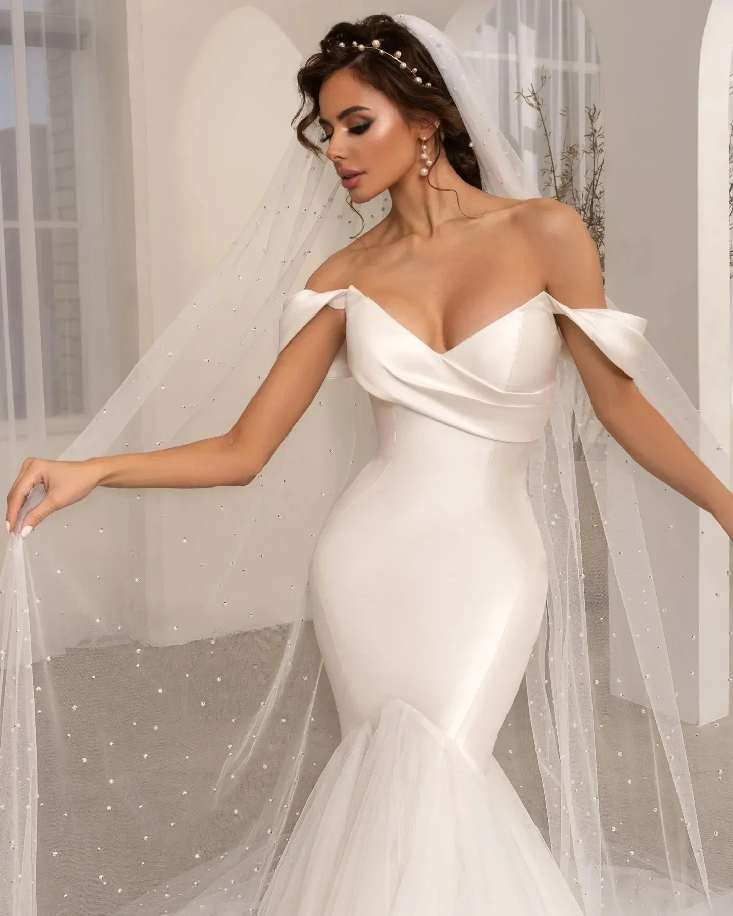 Classic sexy fashion mermaid satin V-neck off-the-shoulder slip dress tulle romantic wedding dress new 2024 Vestidos de novia