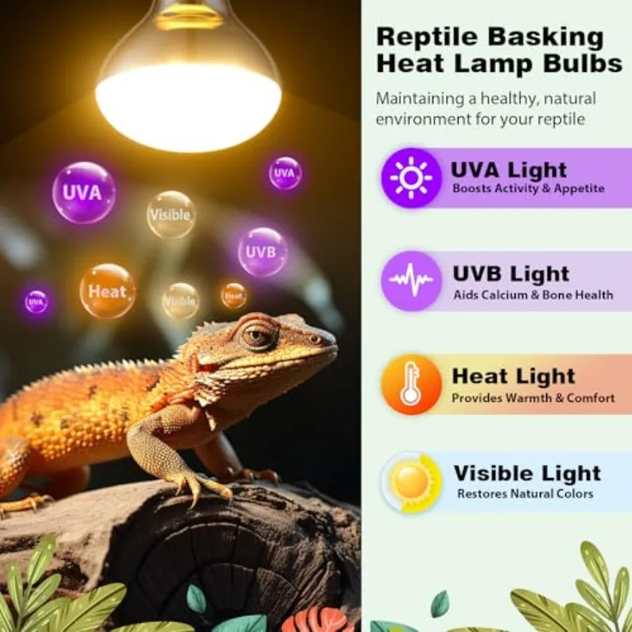 2 Pack 100W Reptile Heat Lamp Bulbs, Full Spectrum UVA/UVB Reptile Light Bulb and Basking Spot Light, UVB Light for Reptiles an