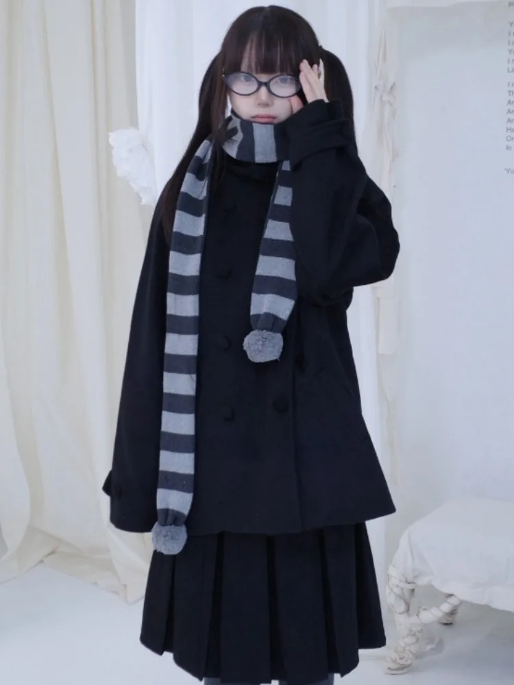 Coreano sle leste portão retro japonês sle faculdade vento casaco duplo breasted casaco de lã chapéu feminino tamanho pequeno casaco inverno