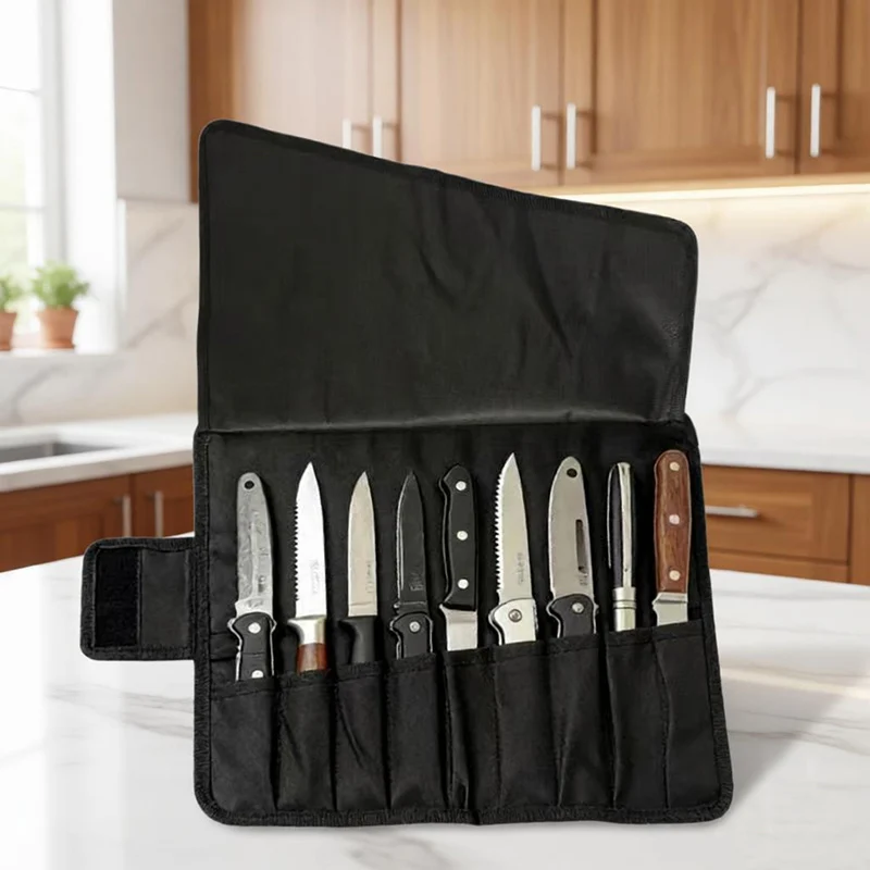 9 Slot Foldable Roll Up Chef Knife Bag Durable Wear-resistant Oxford Kitchen Knife Storage Pocket Outdoor Carrying Case Tools