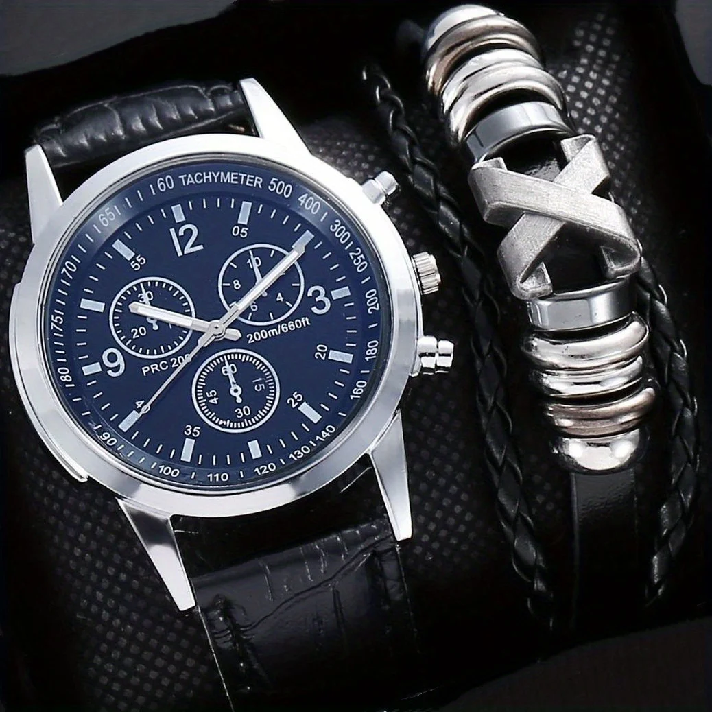 ساعة كوارتز ثلاثية العينين زرقاء فاتحة للرجال ، سوار متعدد الاستخدامات ، موضة غير رسمية ، صندوق هدايا مكون من قطعتين