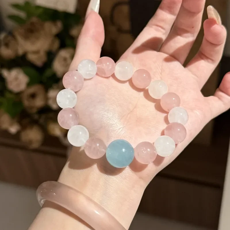 Aquamarine White Ghost Pink Crystal Gentle Design Natural Crystal Bracelet Recruiting Peach Blossoms to Send Friends Jewelry