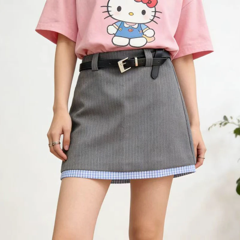 

New Summer Fashion Striped Skirt Women Patchwork High Waist Elegant Office Lady Mini Skirt Formal Jupe Fake 2 Piece