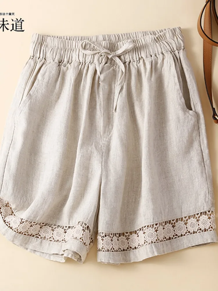 Women Summer Casual Shorts New 2022 Vintage Style Hollow Out Lace Loose Comfortable Elastic Waist Female Short Pants B2045