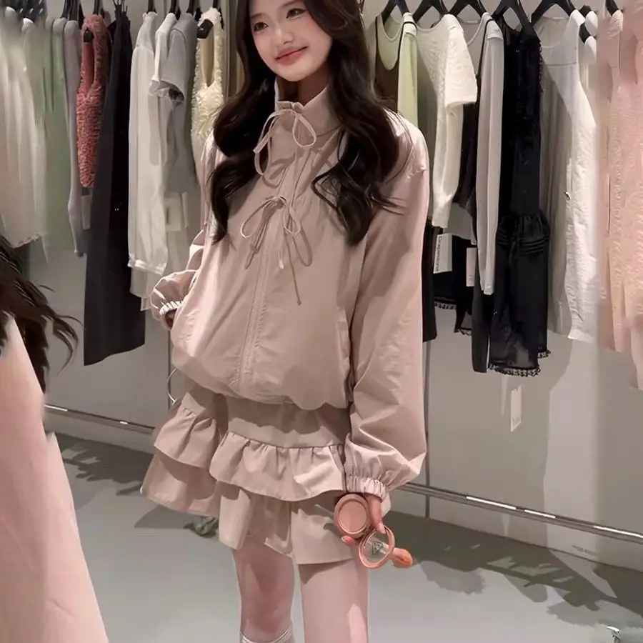 Korean Version of Stand-up Collar, Bow Tie, Lotus Leaf Edge, Female Spring and Autumn Versatile Temperament Set