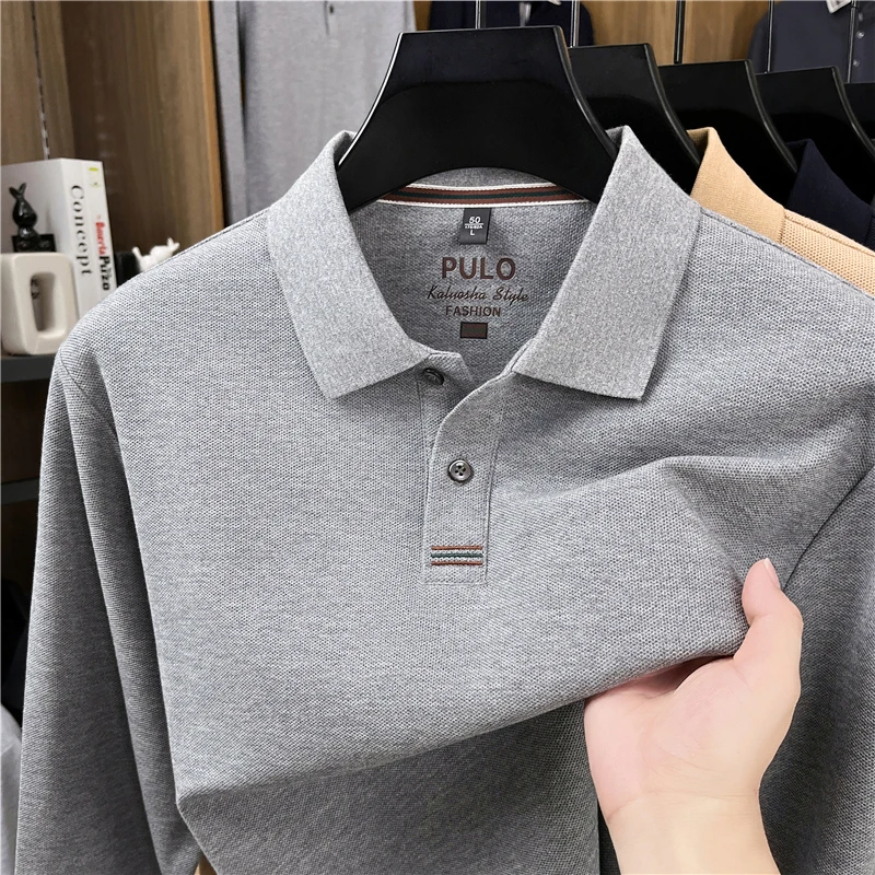 Autumn New Men's Soft 100% Cotton Polo Shirt Luxury Solid Color Printed Long Sleeve Lapel T-Shirt Business Casual Men's Clothing