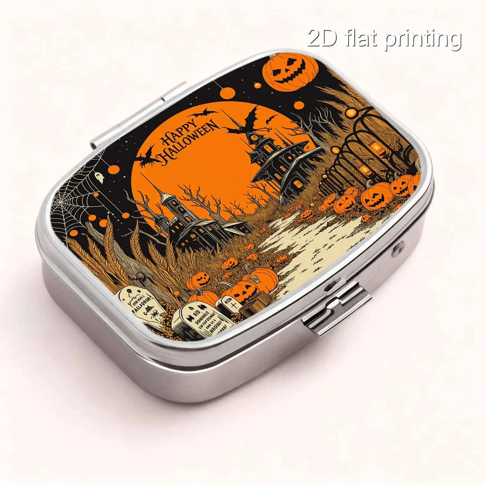 1Pc Flat Vintage-Style Halloween Print with Castle, Pumpkin, Tombstone, and Bat Motifs, Square Two-Compartment Small Pill Box, Portable Medicine Storage, Small Jewelry Organizer, Suitable for Handbags or Travel, Holiday Gifts, Souvenirs, Prizes, Small Gifts, Suitable for Personal Use or as an Exquisite Gift Option