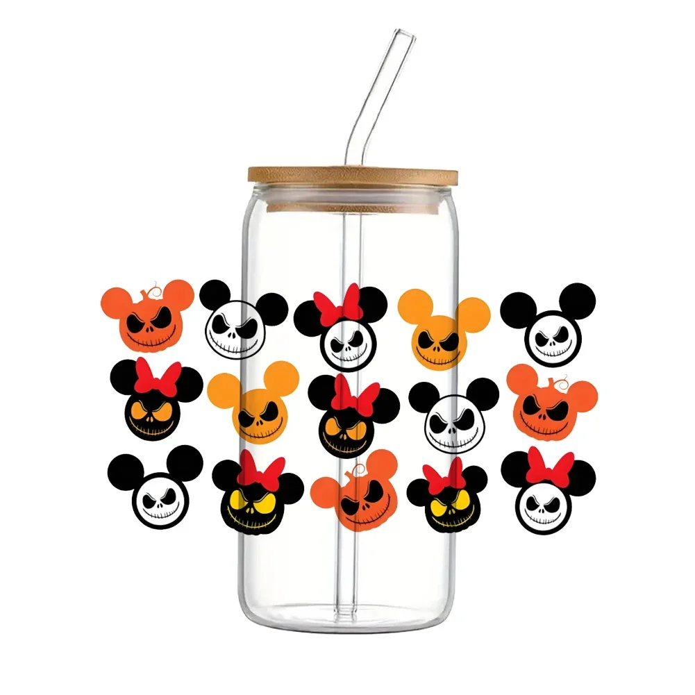 Halloween Disney Mickey Glass Wrap, impermeável, UV, DTF Coffee Can Glass, 16oz, Mickey