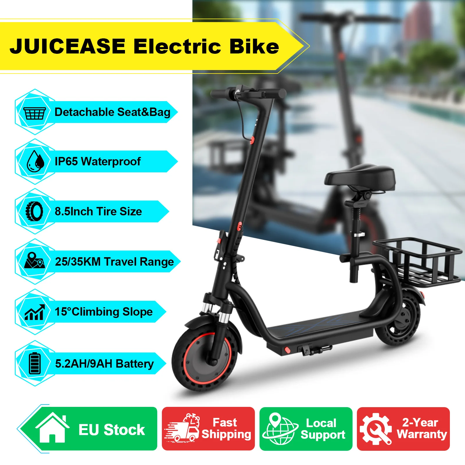 Image of AOVOPRO 5.2/9AH Elektrofahrrad mit Sitz, 8,5-Zoll-Reifen, 36V leistungsstarkem Motor, 35 km superlange Reichweite, kostenlosem Korb, Smart-App-Ebike