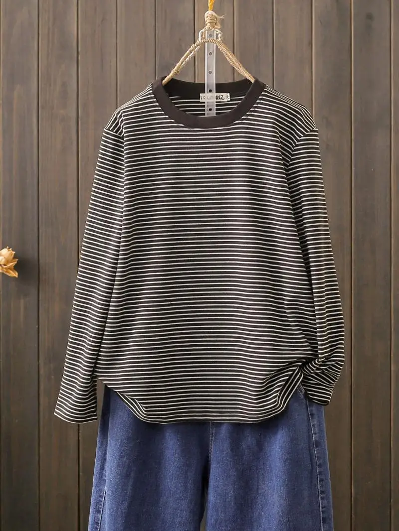 

Autumn Winter plus Size Striped Base Layer Shirt German Velvet Loose Belly Cover Thick Long Sleeve round Neck T-Shirt Trendy Top