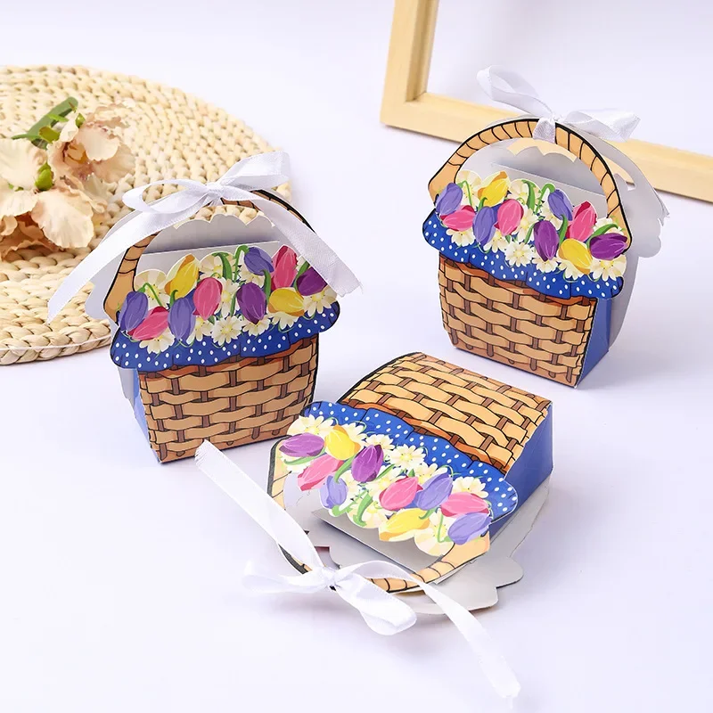 10Pcs Creative Oil Painting Flower Basket Shape Candy Boxes Gift Packings Boxes for Wedding Birthday Baaby Shower Party Decor