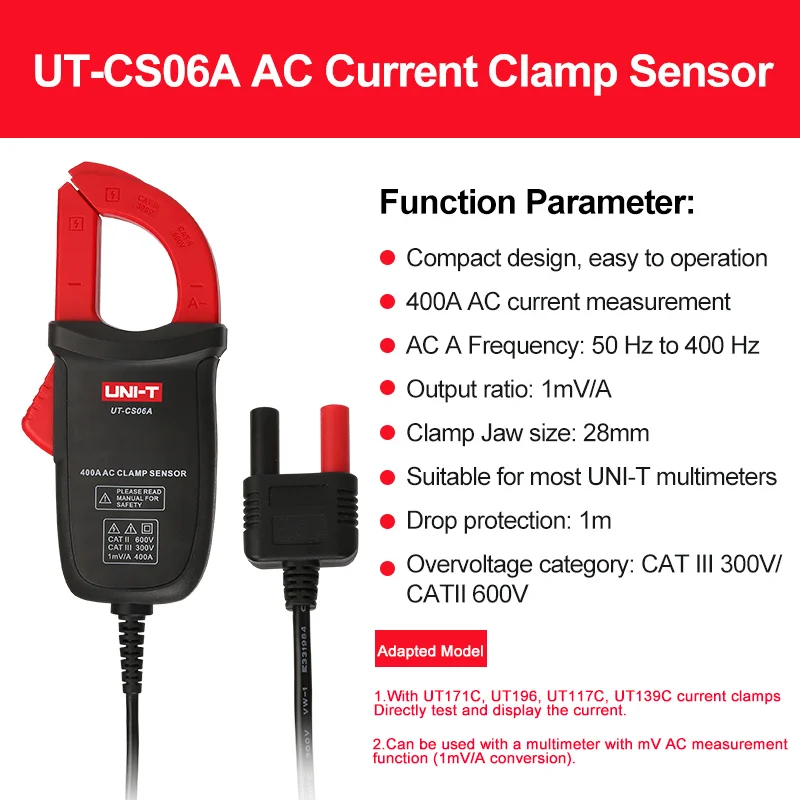 Imagem -03 - Uni t ac Current Clamp Sensor Medidor Ampermétrico Amperímetro Adequado para Ut61e Mais Ut139c Multímetros Ut-cs06a 400a
