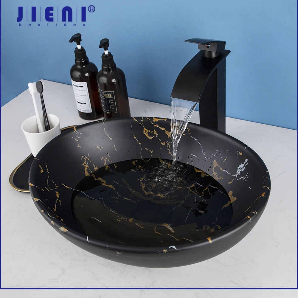 JIENI Oval Bathroom Sink Combo Marble Patterned Ceramics  Vessal Basin W/ Single Handle Hot Cold Faucet And Pop Up Drain