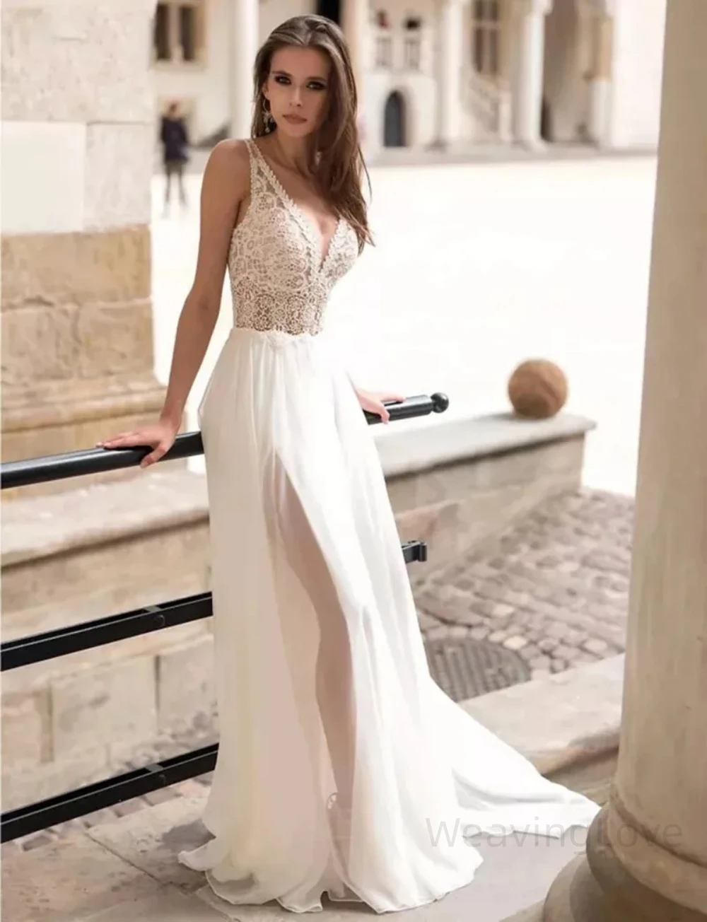 Vestidos de novia blancos con escote en V para mujer, vestidos de gasa bohemios con abertura frontal, mangas abullonadas desmontables, personalizados, Sexy, 2023