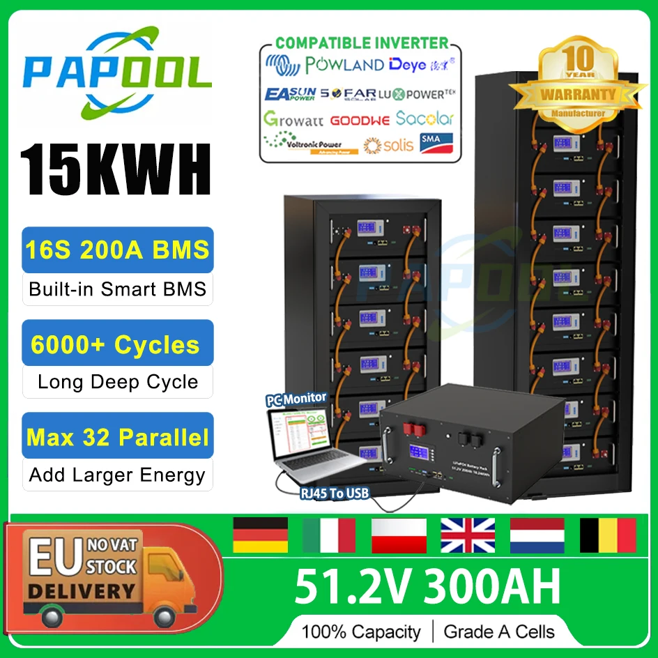 LiFePO4 48V 300Ah Battery Pack 15Kwh 16S 200A BMS 51.2V 100Ah 120Ah 150Ah 200Ah Lithium battery 6000 Cycle CAN RS485 EU PL STOCK