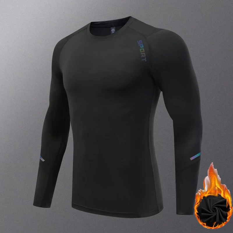 Autumn Winter Men's Long Sleeve T-Shirt White Second Skin Warm Fleece Shirt Fitness Workout Top Sports Compression Underwear