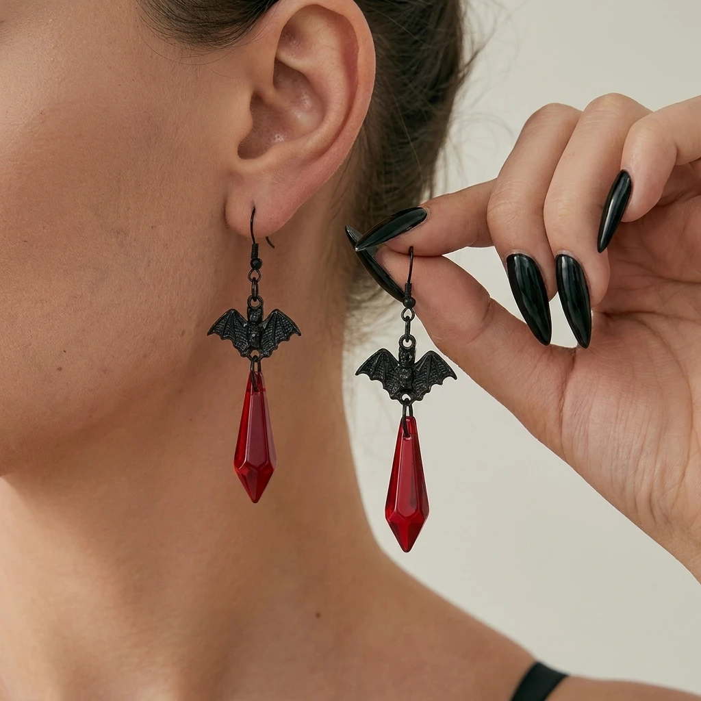 Gotische Vampir-Fledermaus Wassertropfen-Ohrringe für Damen und Herren Rote Strass Vintage Fledermaus-Ohrringe Halloween-Party-Schmuck Großhandel – Detail 3