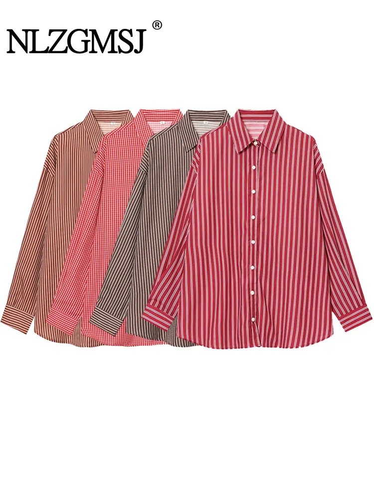 

NLZGMSJ Striped Print Women Loose Blouse 2025 Autumn Long Sleeve Single Breasted Casual Shirt Female Office Top Y2K