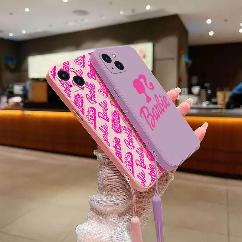 Cool Pink B-Barbies Phone Case For iPhone 15 14 13 12 11 Pro Max Mini X XR XS MAX SE20 8 7 Plus Silicone Cases with Hand Strap