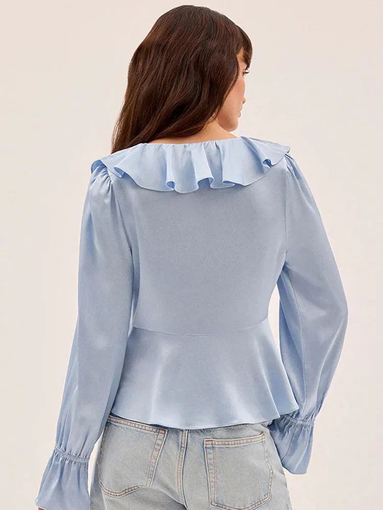 Bule Lace Oversized Chiffon Blouse Lapel Collar Women's Casual Long Sleeve Shirt 2025 Autumn High Street Fashion Pullovers