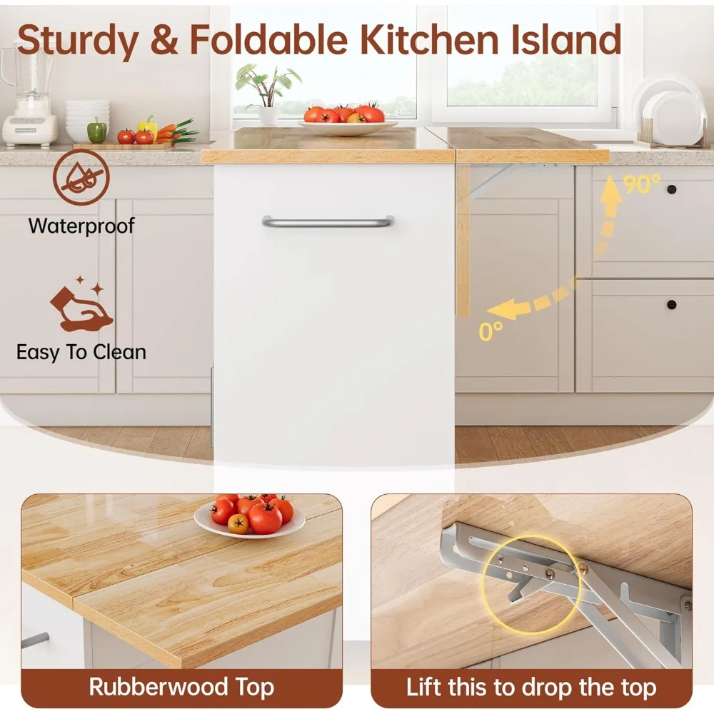 Rolling Kitchen Island with Hidden Trash Can Storage, Kitchen Island on Wheels with Storage, 3-Tier Spice Rack, Towel Rack&Drawe