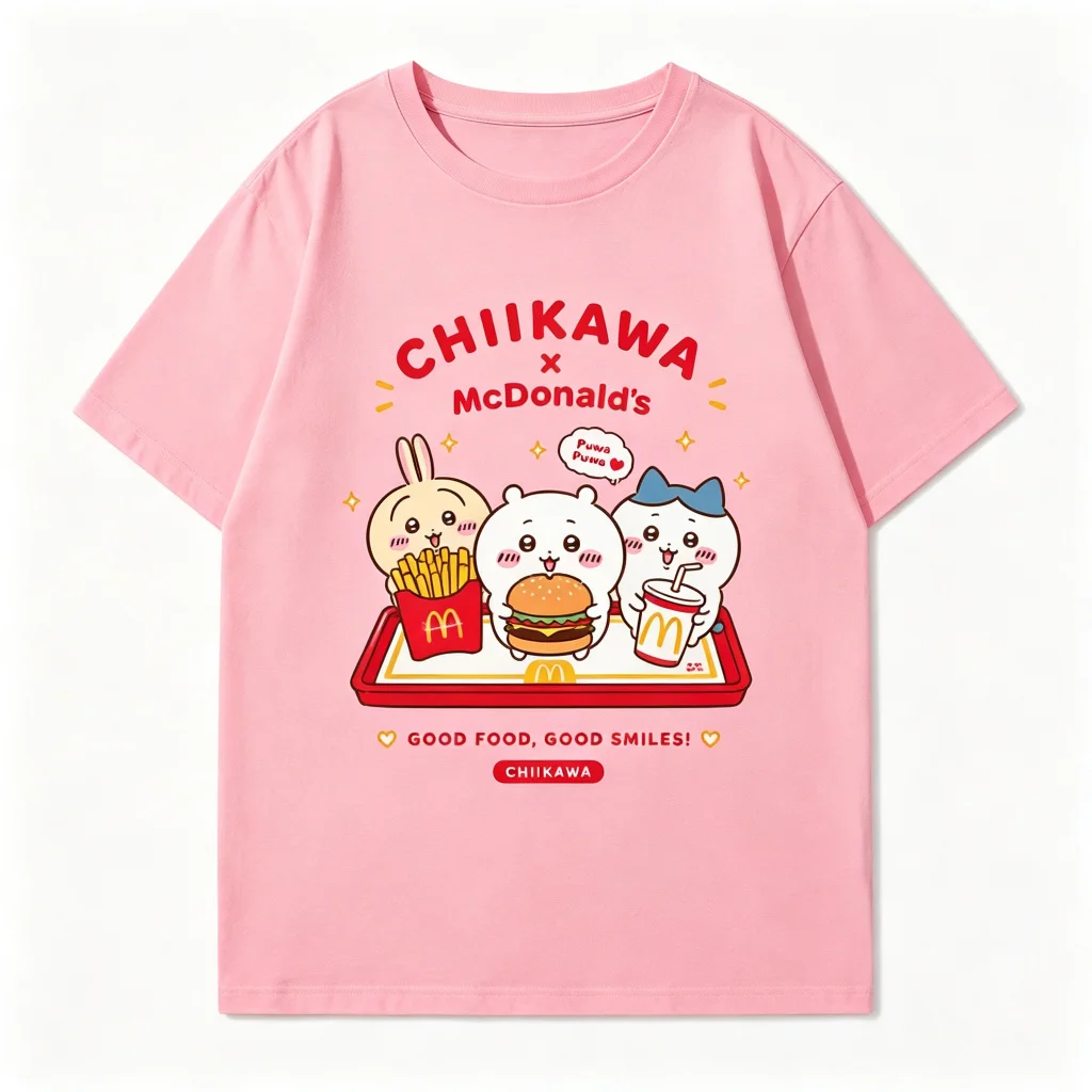 Kawaii Niedliches Ästhetisches Chiikawa McDonald's Kollaborations-Burger-Frites-Print Baumwolle Atmungsaktives Unisex-T-Shirt mit Rundhalsausschnitt – Detail 7