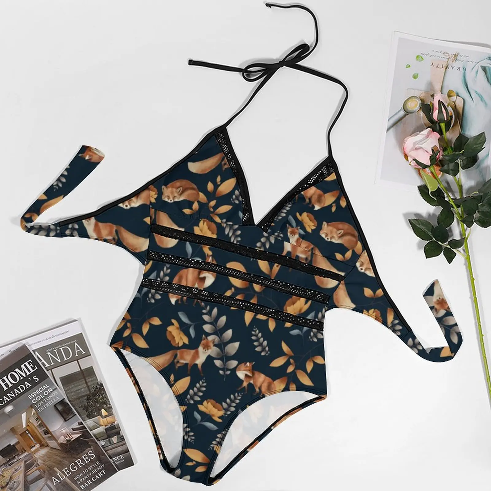 Cute Fox Print Swimsuit Wild Animal Push Up Swimwear One Piece Hollow Out Bathing Suit Sexy Classic Beachwear Large Size image 5