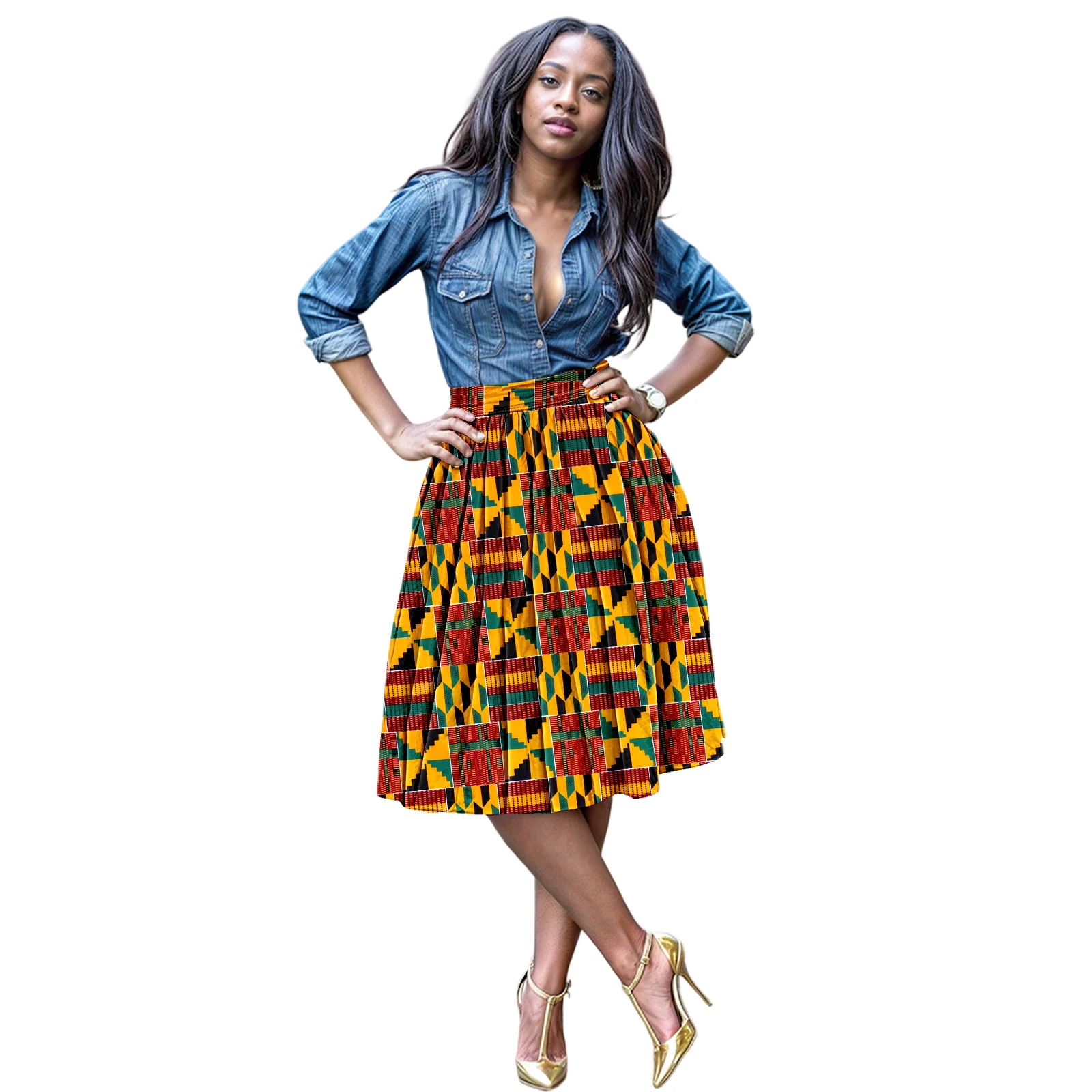 

African Attire for Women Ankara Skirt Kente Cloth Wax Print Skirt Dashiki Knee-Length Dressy