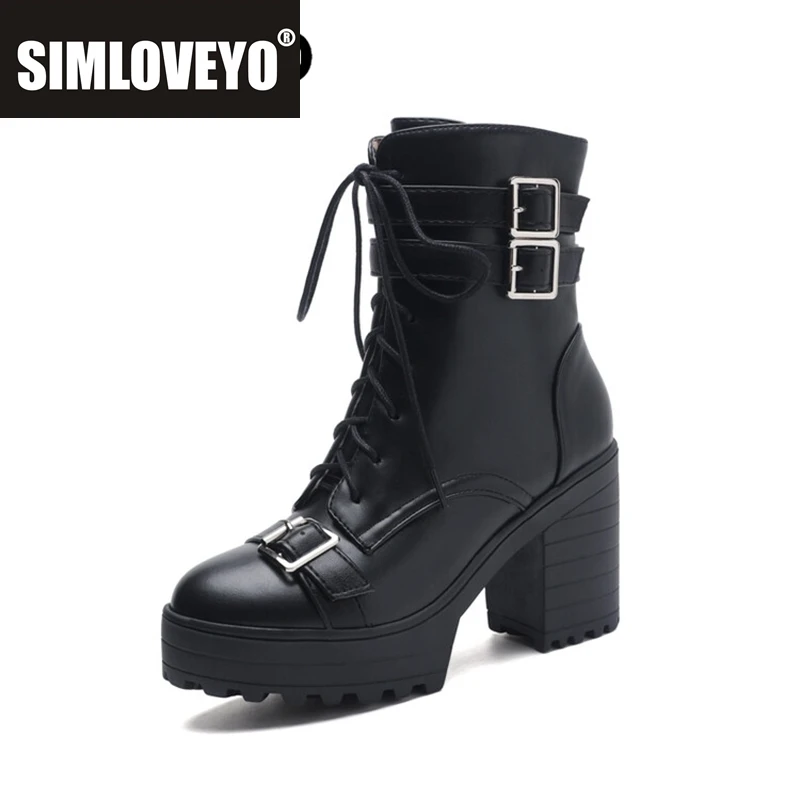 

SIMLOVEYOBuckles, новые мотоциклетные ботильоны с круглым носком, модные ботильоны на блочном каблуке 9 см со шнуровкой, белые, черные, большие размеры 42 43 US12, мода