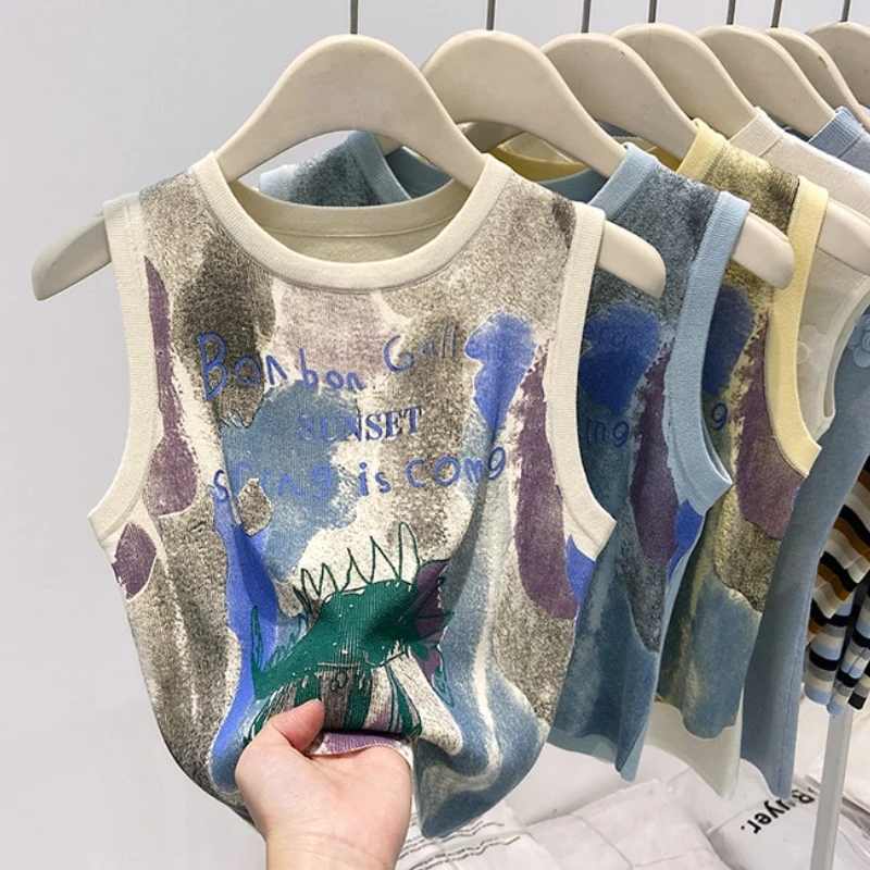 

Women's Retro Graffiti Knitted Tank Summer 2025 New Slim Sleeveless Tank Top Color Block Casual Camisole Skinny Crop Tops