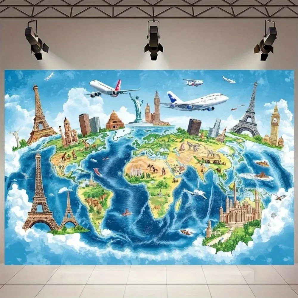 World Famous Tourist Attraction Map Theme Photography Background, Adult Birthday Party, Home Decoration Photography Background