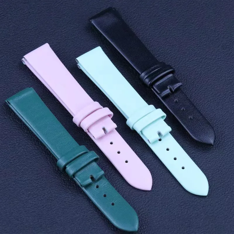 Claspless top leather watch with accessories: plain green blue 8mm-22mm double-sided top leather strap