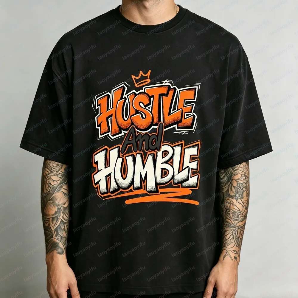 Summer Short Sleeve Fashion Unisex T-Shirt Orange Crown Graffiti Motivational Hustle Humble Print Tee Trendy Street Casual Tops