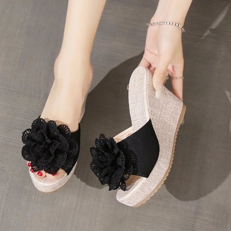 Summer Beach Platform Women Wedge Slippers Appliques Butterfly-knot Female Sandals Clog Shoes Slides Women