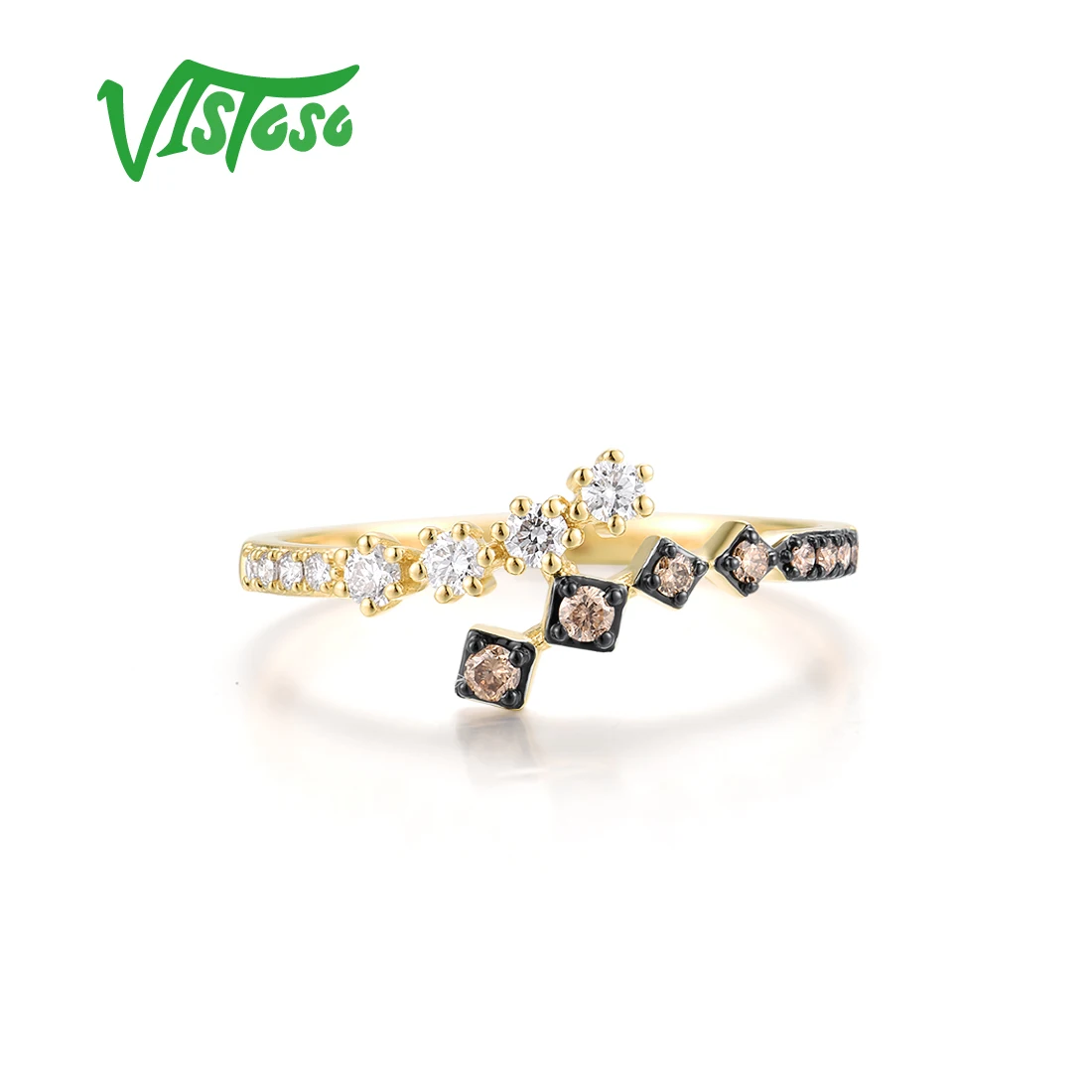 VISTOSO Real 14K 585 Yellow Gold Ring For Women Sparkling White& Brown Diamonds Fashion Wedding Engagement Band Fine Jewelry